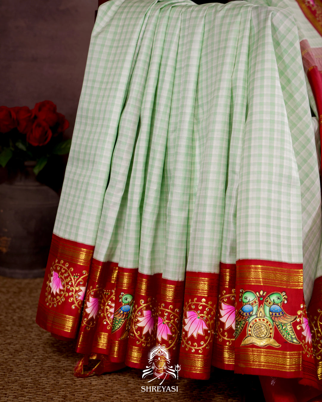 Handloom Pure Kanjivaram Silk Saree in Real Zari with Tanjore Kili and Kamalam Artwork