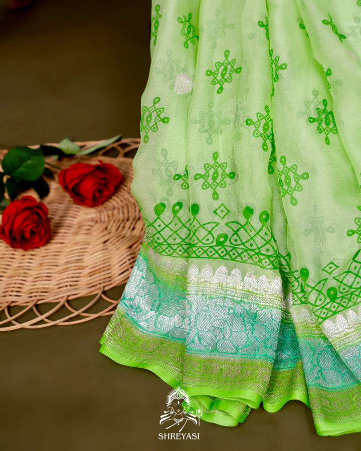 Banarasi Khaddi Chiffon Georgette Saree with Hand Block Motifs