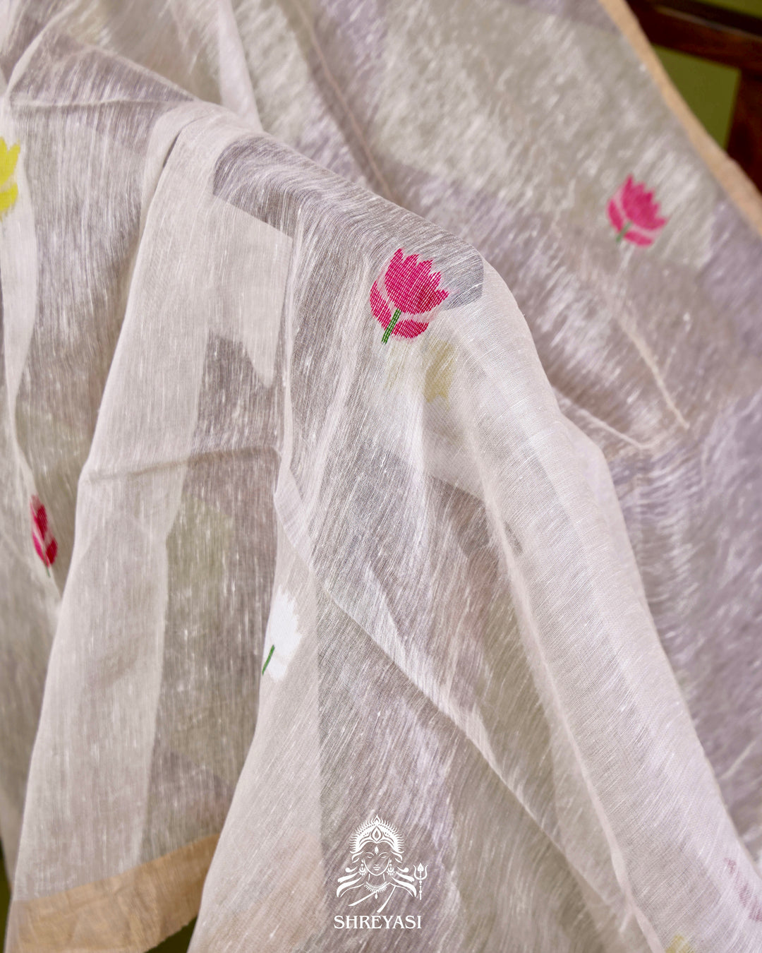 Handloom Silk Linen Jamdani Saree with Tissue Paithani Pallu