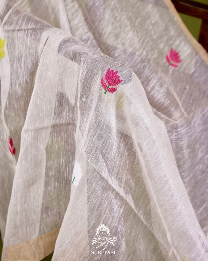 Handloom Silk Linen Jamdani Saree with Tissue Paithani Pallu