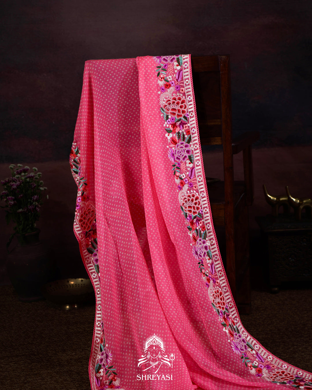Pure Georgette Saree with Parsi Gara Style Embroidered Borders and Bandhej Body