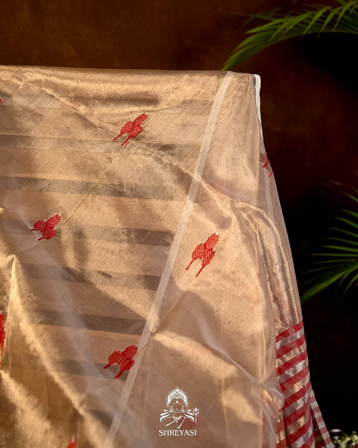 Handloom Pure Chanderi Tissue Silk Saree with Woven Bhutis and Striped Blouse