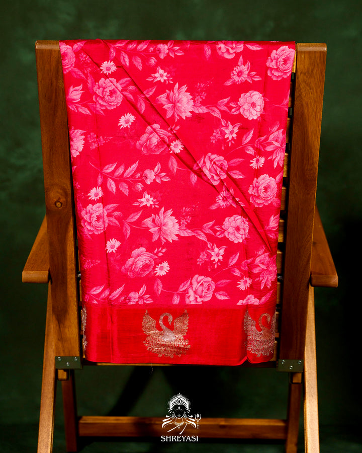 Handloom Pure Banarasi Silk Saree with Floral Print and Mashru Border