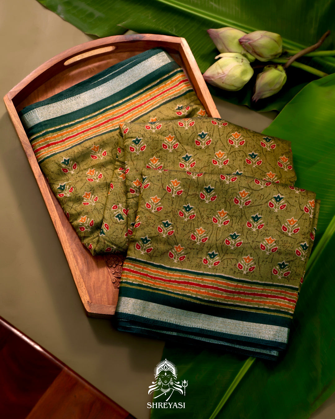 Olive Green Crystal Cotton Saree