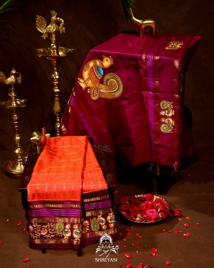 Handloom Pure Kanjivaram Silk Sarees with Real Zari and Hand Painted Tanjore Art