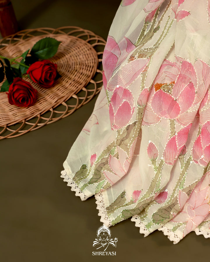 Pure Georgette Floral Saree with Thread Embroidery and Micro Sequins