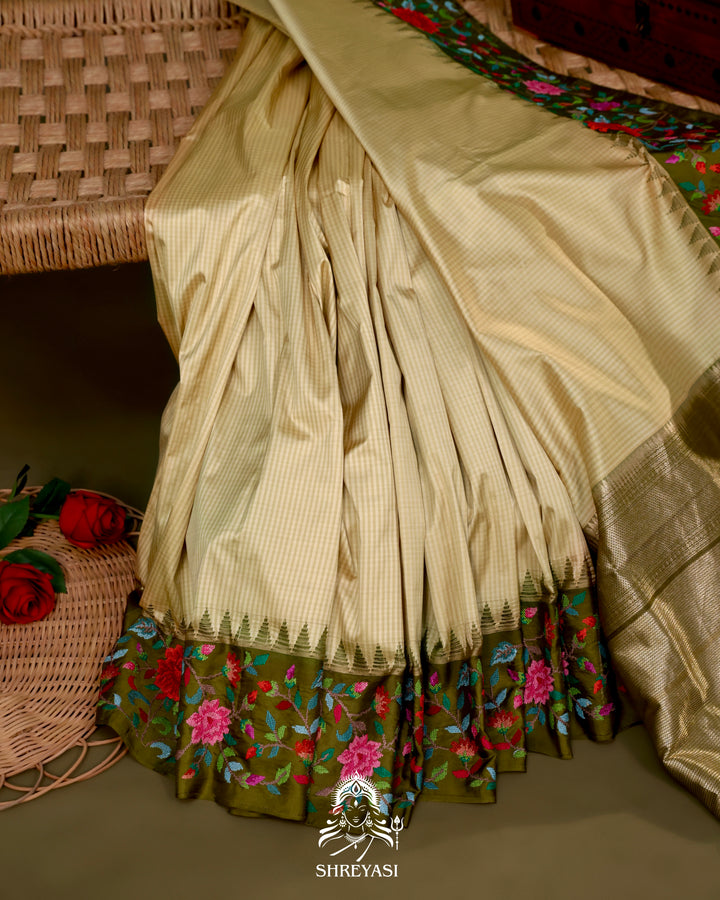 Kanjivaram Silk Saree with Petit Point Embroidered Borders