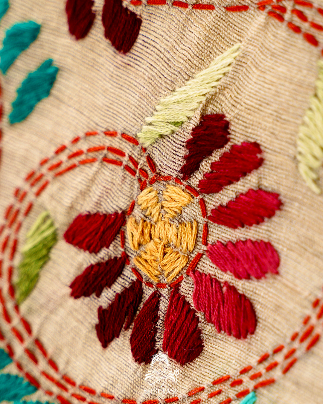 Handloom Pure Vidarbha Tussar Silk Saree with Karvati Kinar Border and Kantha Embroidery