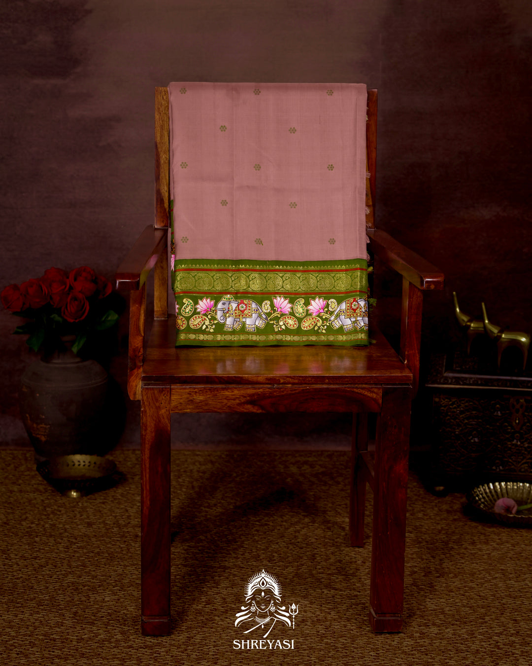 Handloom Pure Kanjivaram Silk Saree in Real Zari with Tanjore Yanai and Kamalam Artwork