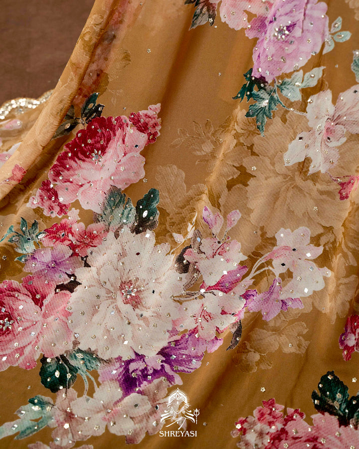Hand Embellished Pure Georgette Floral Saree in Mocha Beige