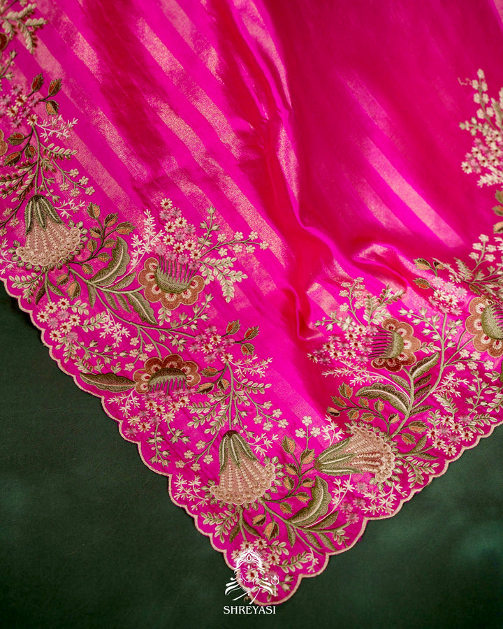 Handloom Pure Banarasi Silk Saree with Zari Stripes and Fine Resham Thread Embroidery