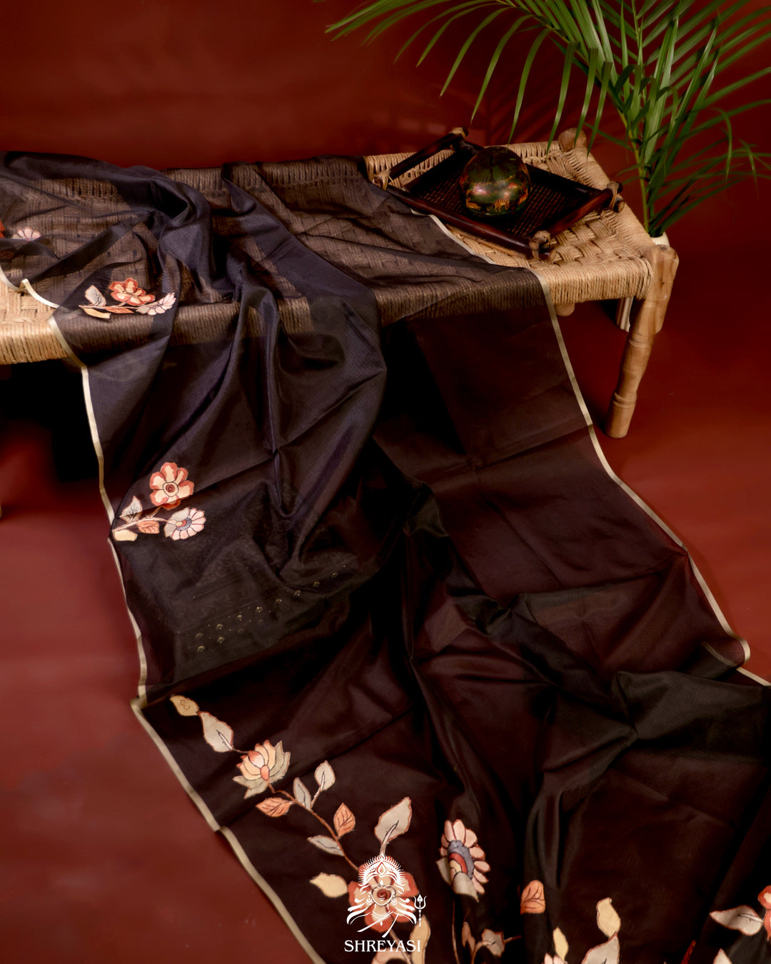 Kota saree with floral kalamkari appliqué work, contrast border, and lightweight breathable drape