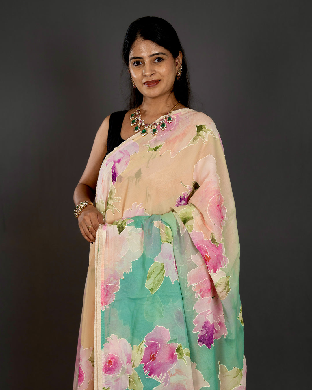 Pure Georgette Floral Saree with Thread Embroidery and Micro Sequins