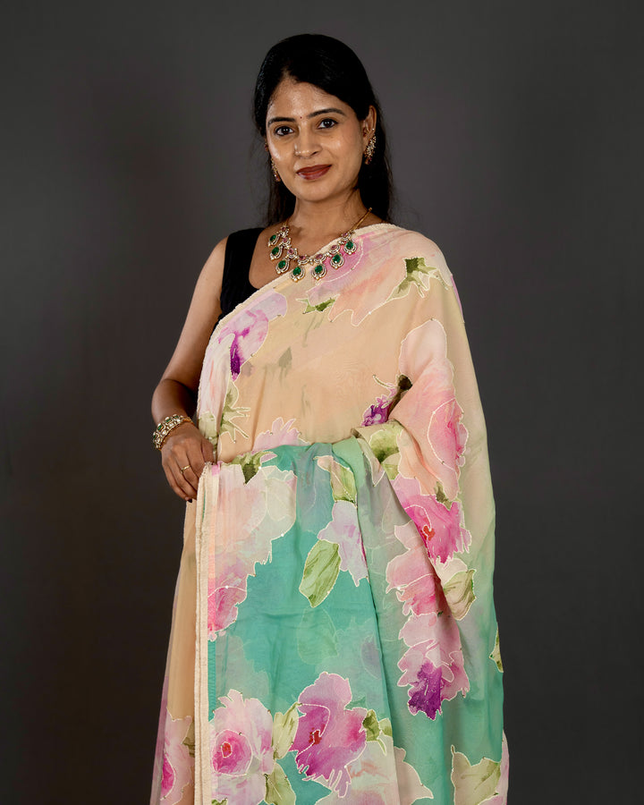 Pure Georgette Floral Saree with Thread Embroidery and Micro Sequins