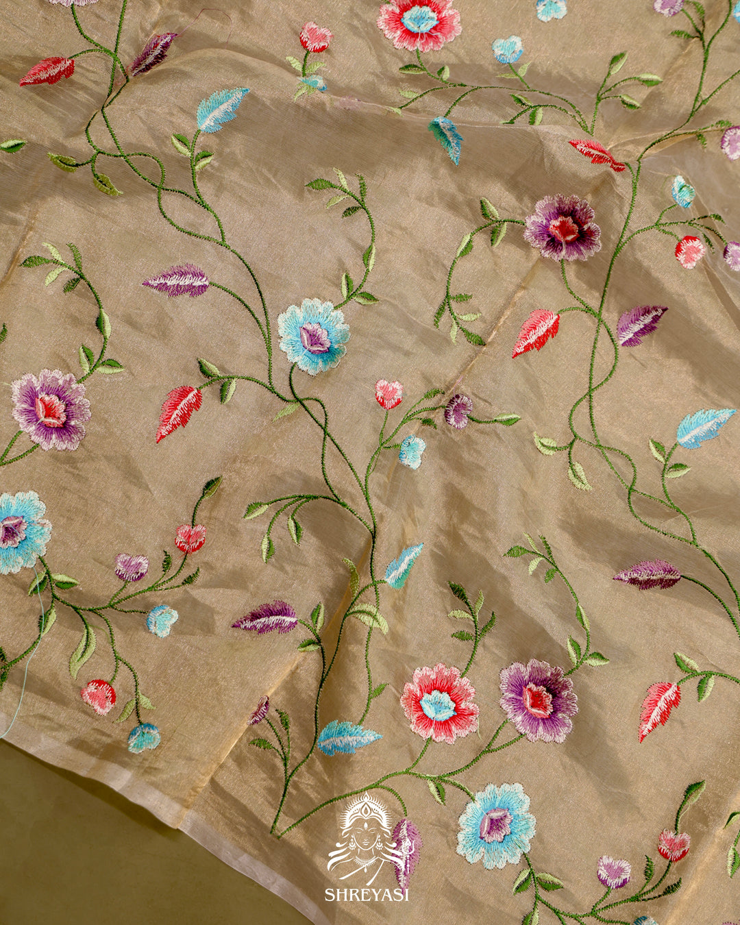 Handloom Banarasi Tissue Stripe Silk Saree with Satin Stitch Floral Embroidered Borders