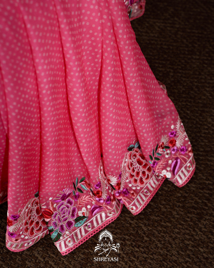 Pure Georgette Saree with Parsi Gara Style Embroidered Borders and Bandhej Body