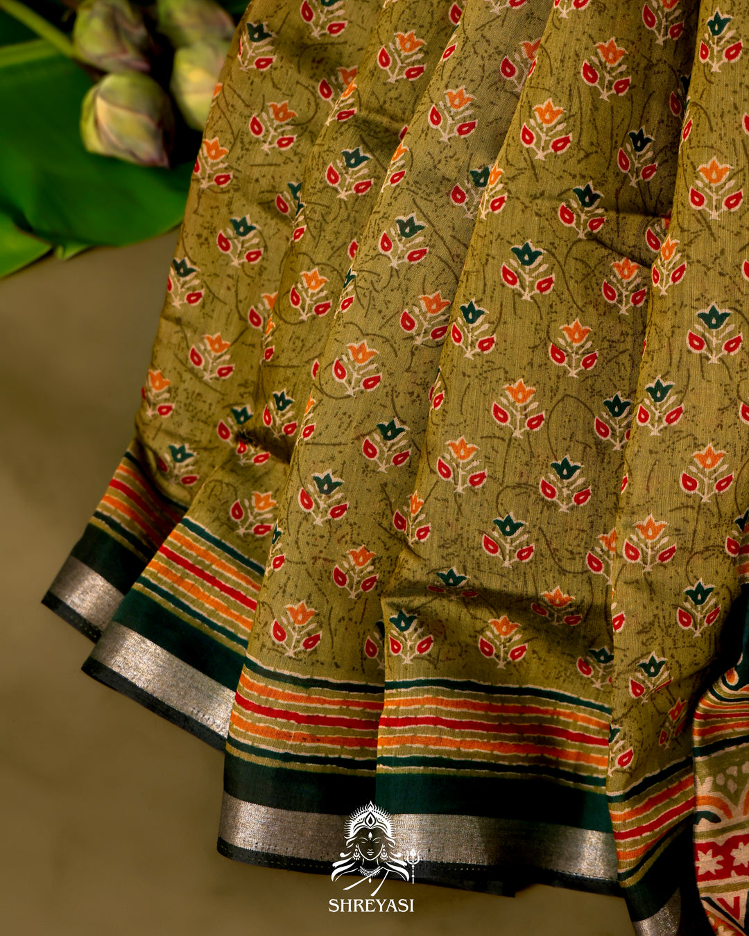 Olive Green Crystal Cotton Saree