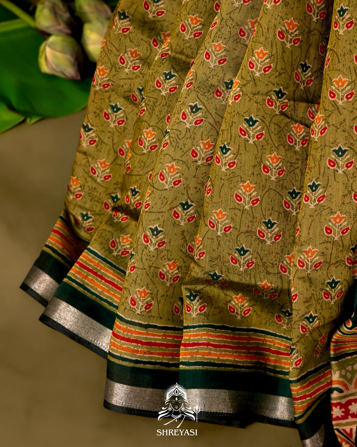 Olive Green Crystal Cotton Saree