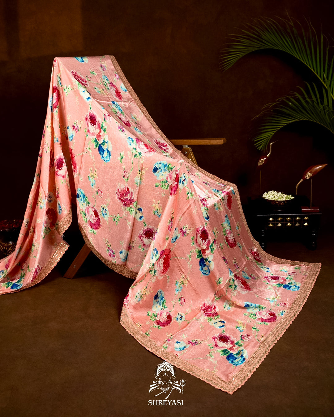 Pure Chinon Satin Saree with Floral Print & Embroidered Scallop Borders