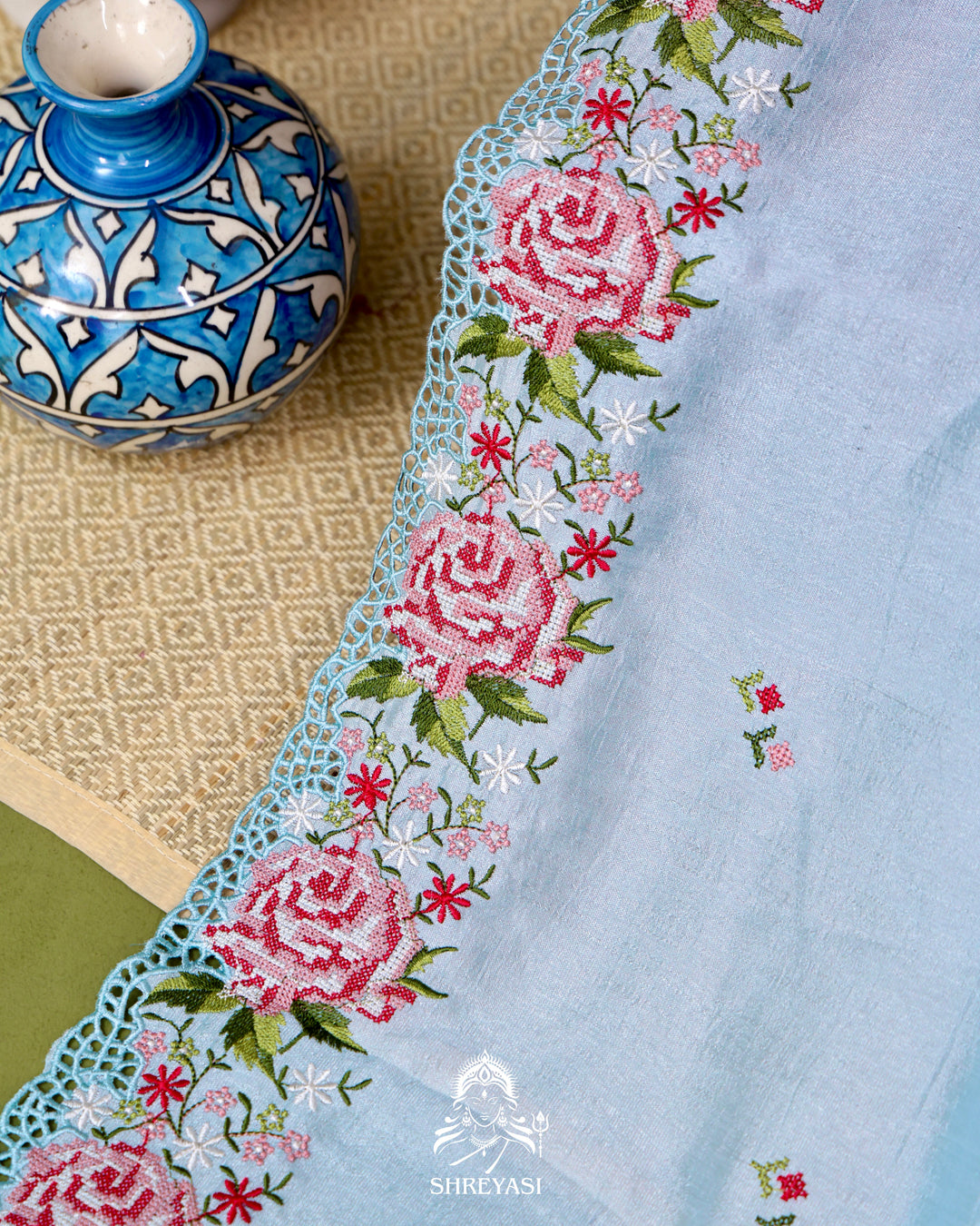 Tussar Silk Saree with Petit Point Embroidery