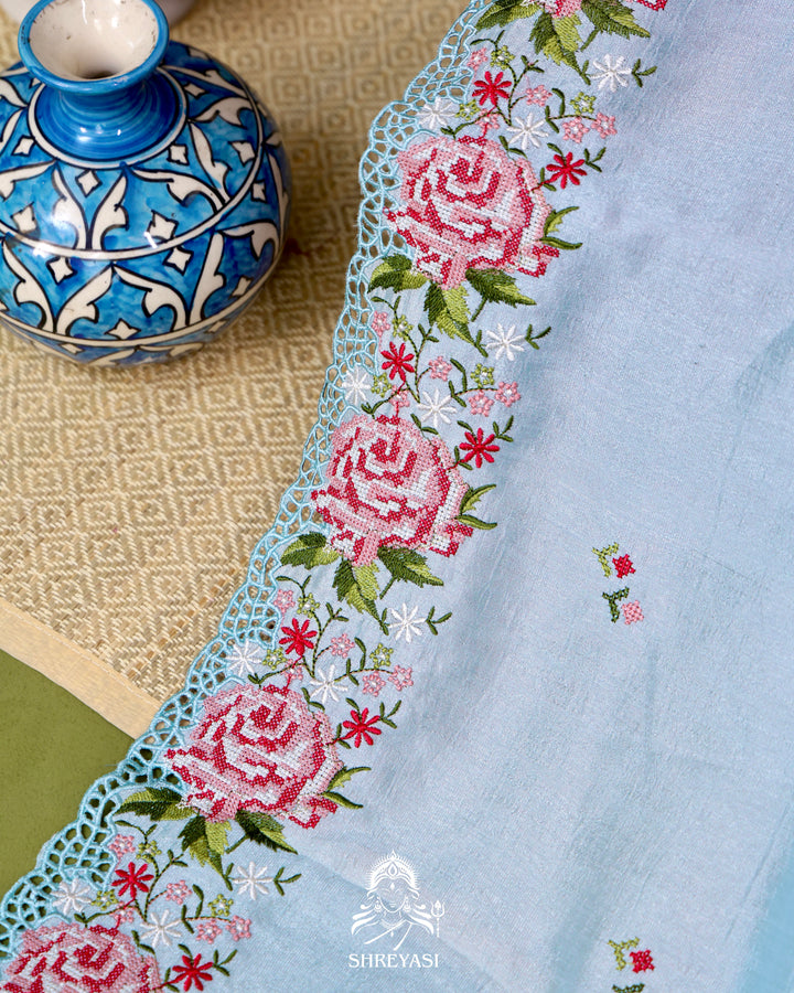 Tussar Silk Saree with Petit Point Embroidery