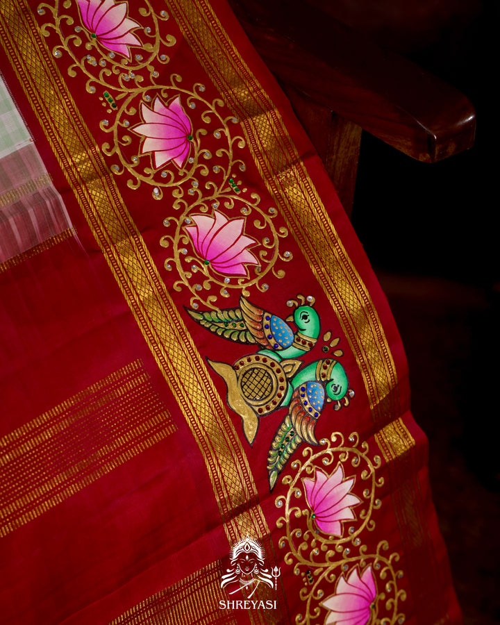 Handloom Pure Kanjivaram Silk Saree in Real Zari with Tanjore Kili and Kamalam Artwork