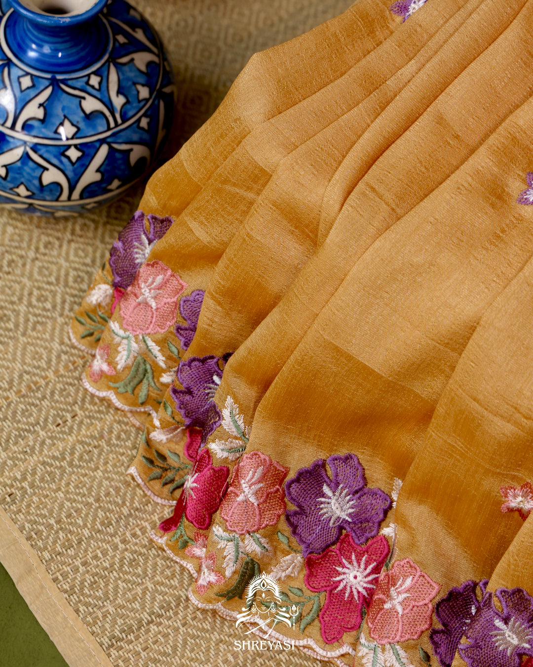 Tussar Silk Saree with Resham Floral Embroidery Border