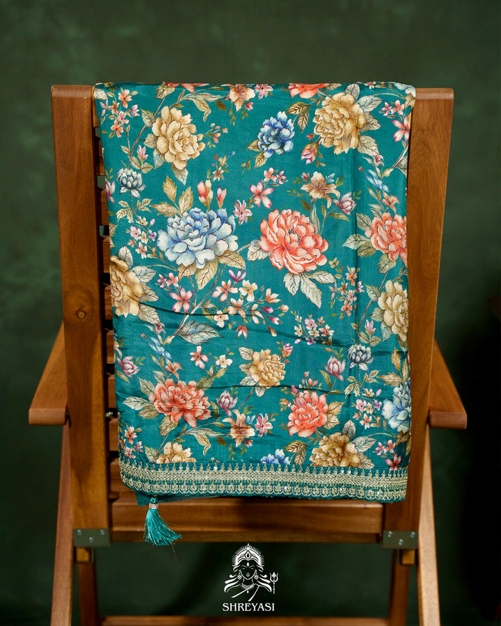 Floral Crepe Chiffon Saree with Embroidered Borders