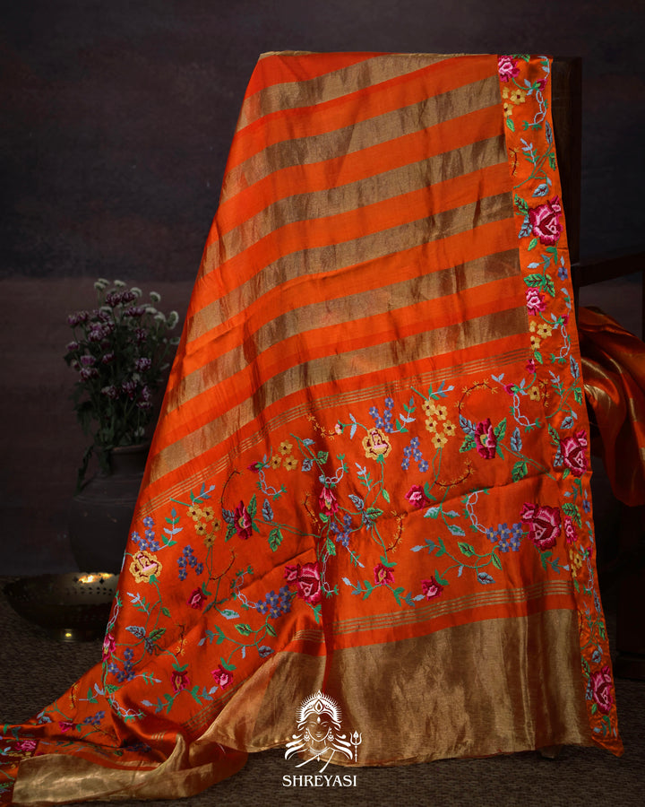 Handloom Pure Banarasi Tissue Stripes Saree with Petit Point Embroidered Borders