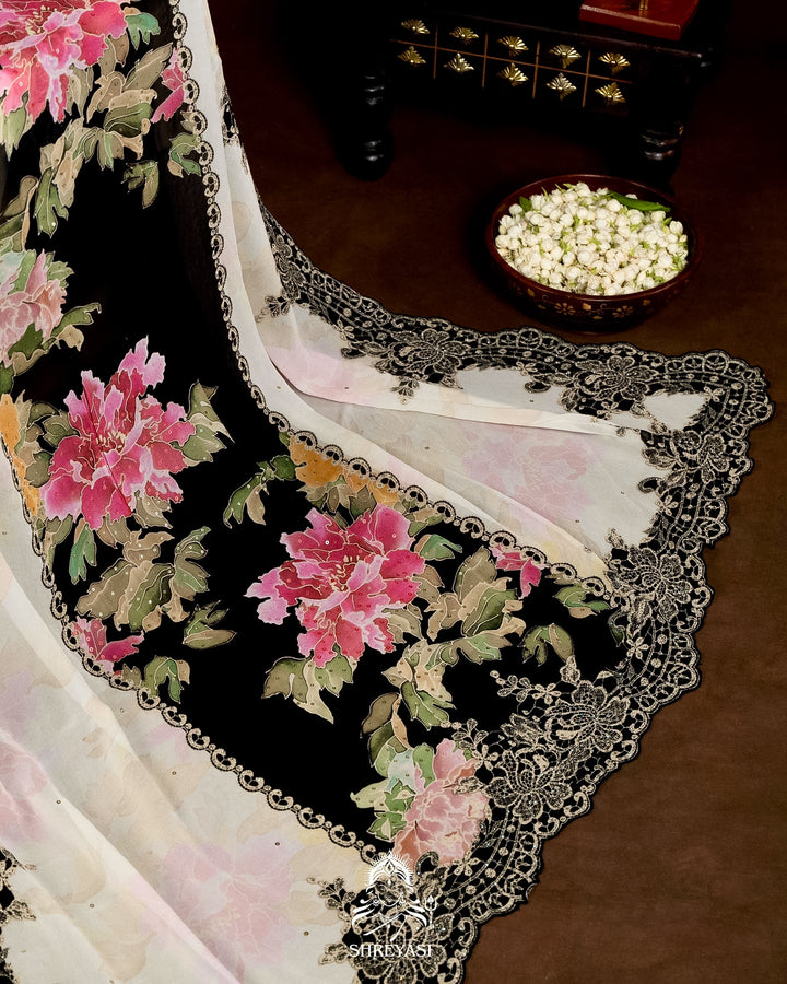 Pure Georgette Floral Saree with Chantilly Lace Embroidery Border