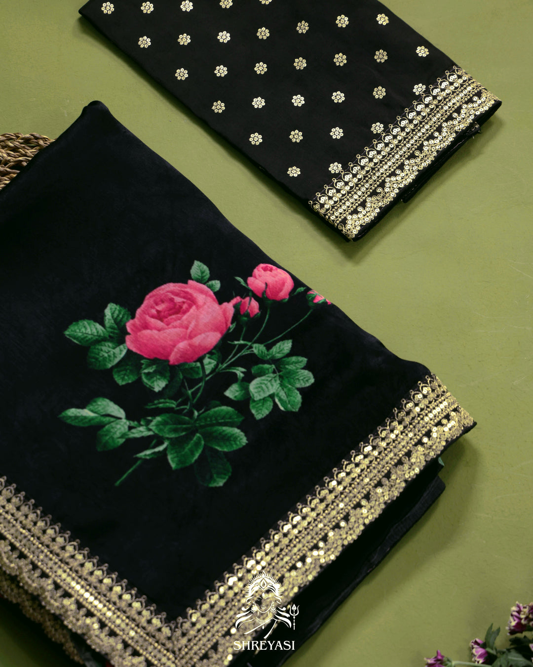 Black Chinon Satin Floral Saree with Embroidered Border