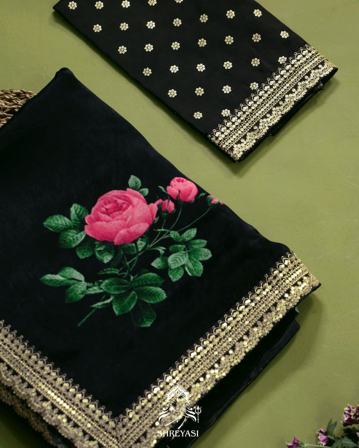 Black Chinon Satin Floral Saree with Embroidered Border