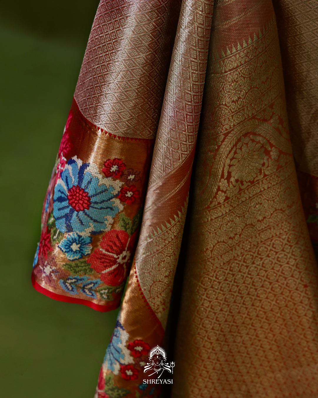 Handloom Pure Kanjivaram Tissue Silk Saree with Petit Point Embroidered Borders
