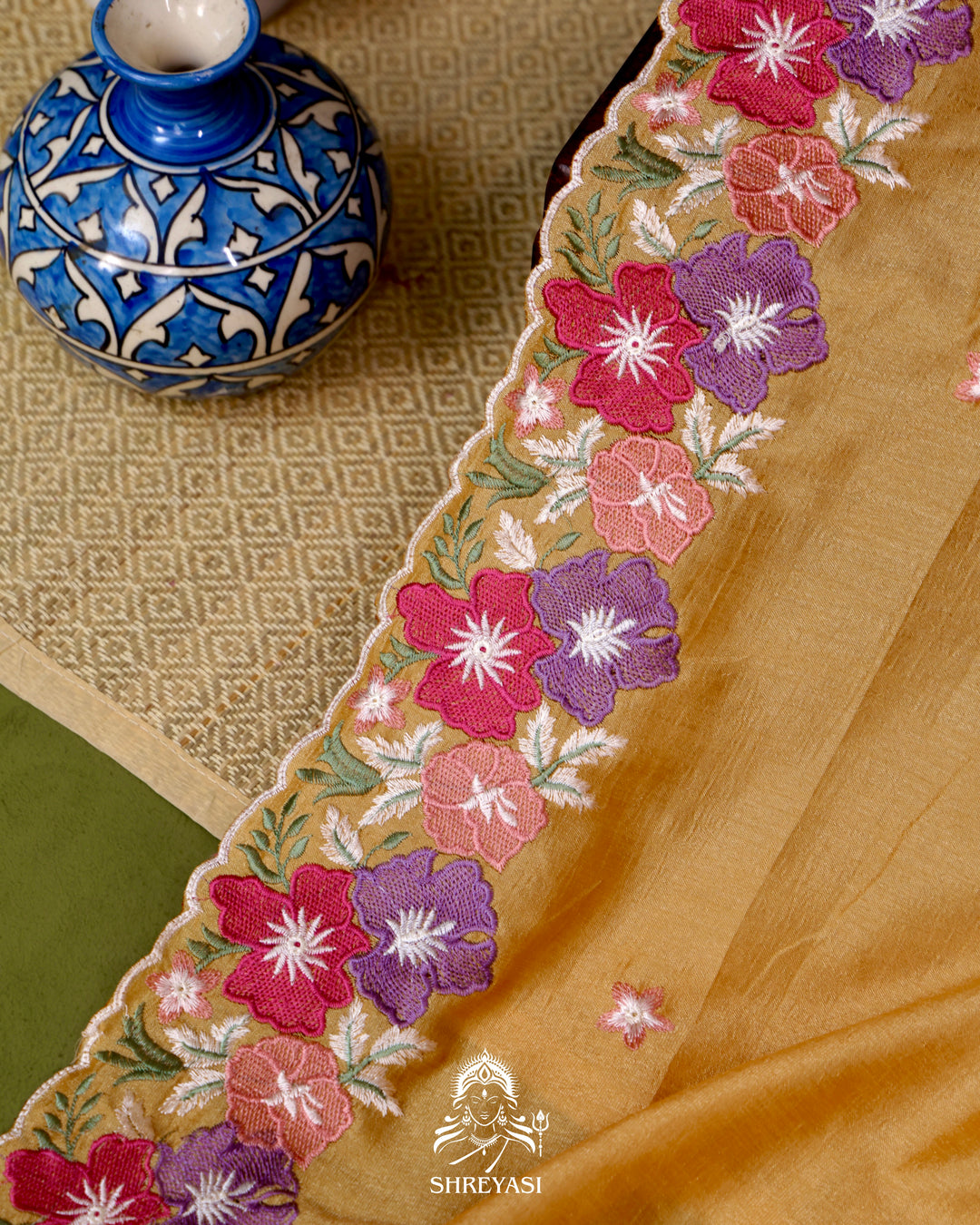 Tussar Silk Saree with Resham Floral Embroidery Border