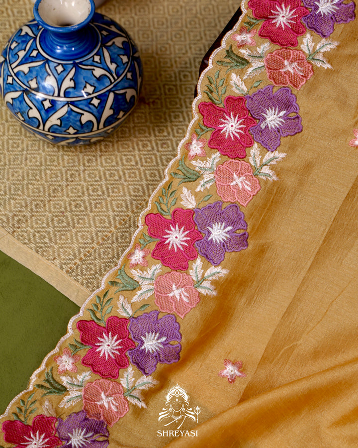 Tussar Silk Saree with Resham Floral Embroidery Border