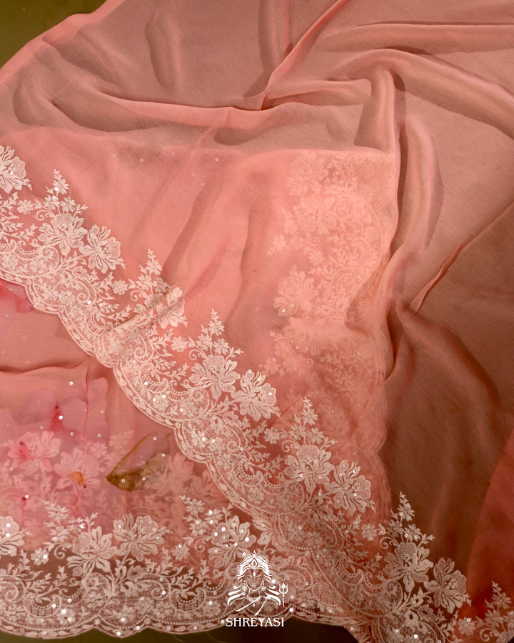 Floral Chiffon Georgette Saree with Scalloped Thread Embroidery