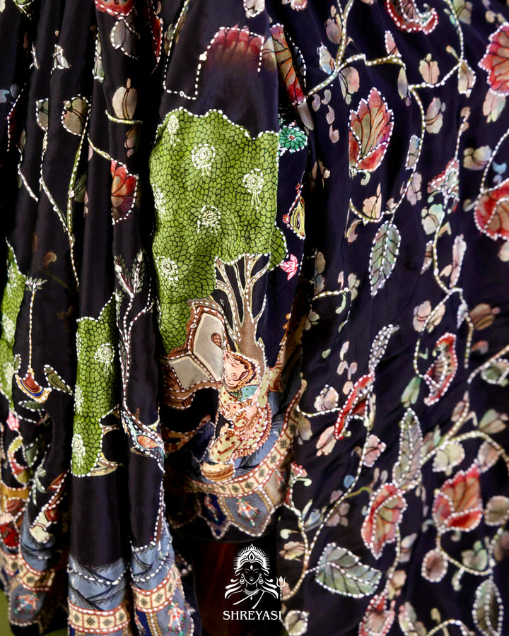 Pure Crepe Silk Saree with Kantha Embroidery