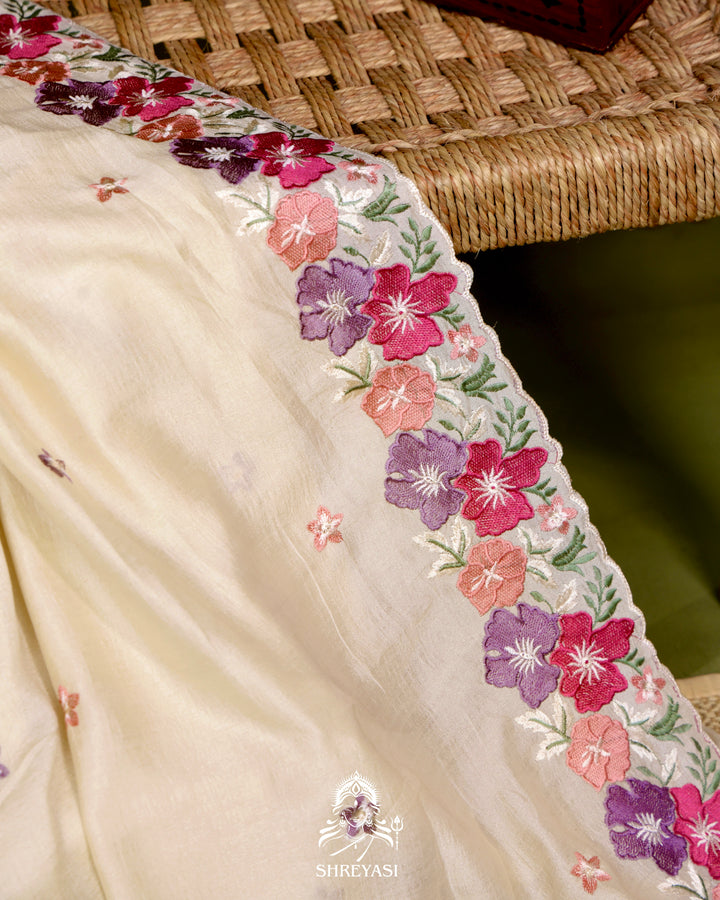 Tussar Silk Saree with Resham Floral Embroidery Border