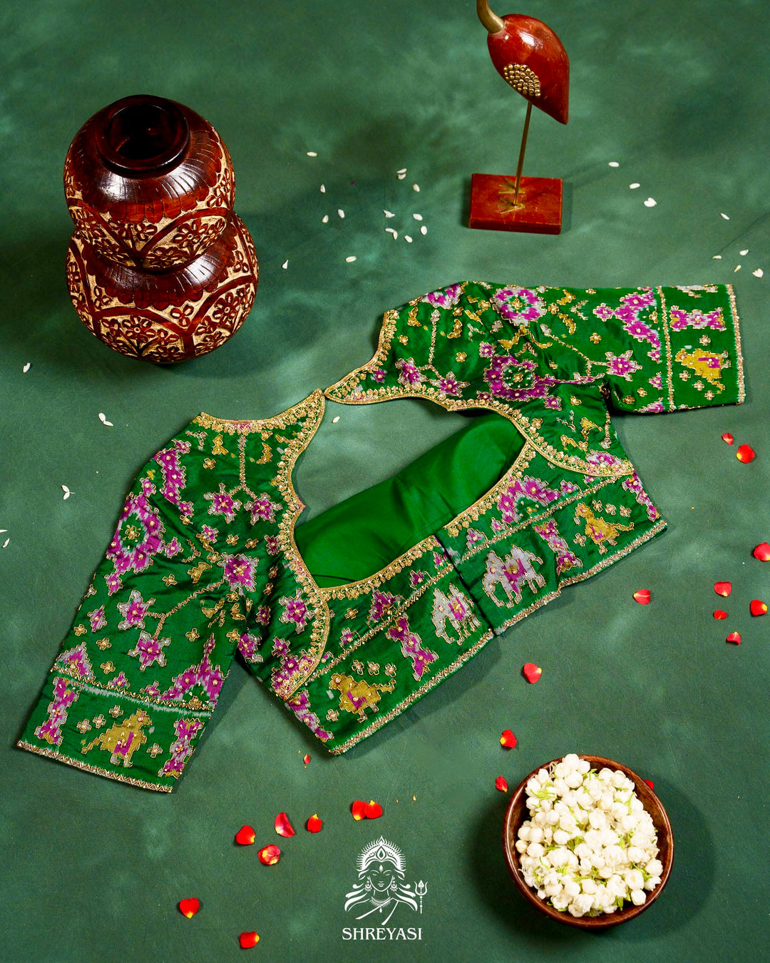 Handloom Pure Single Ikat Rajkot Patola Silk Blouse with Rich Hand Embroidery