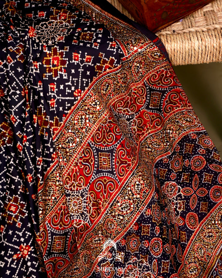 Pure Modal Silk Ajrakh Saree with Swarovski Crystal Embroidery
