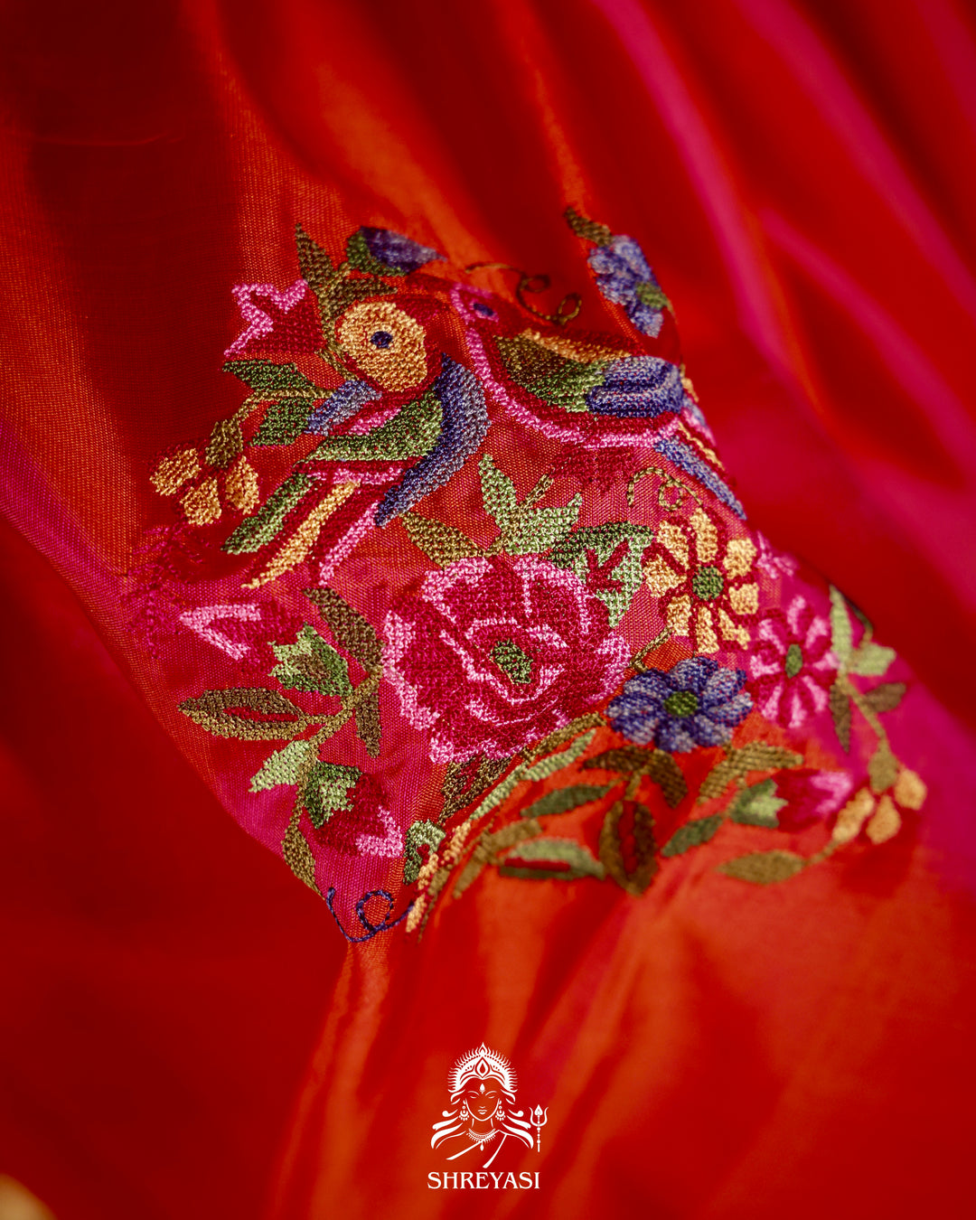 Handloom Pure Kanjivaram Soft Silk Saree with Petit Point Embroidered Floral Bird Clusters