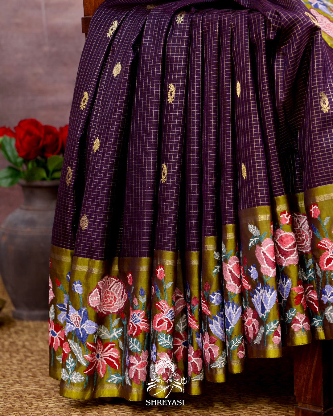 Handloom Pure Kanjivaram Silk Saree with Petit Point Embroidery