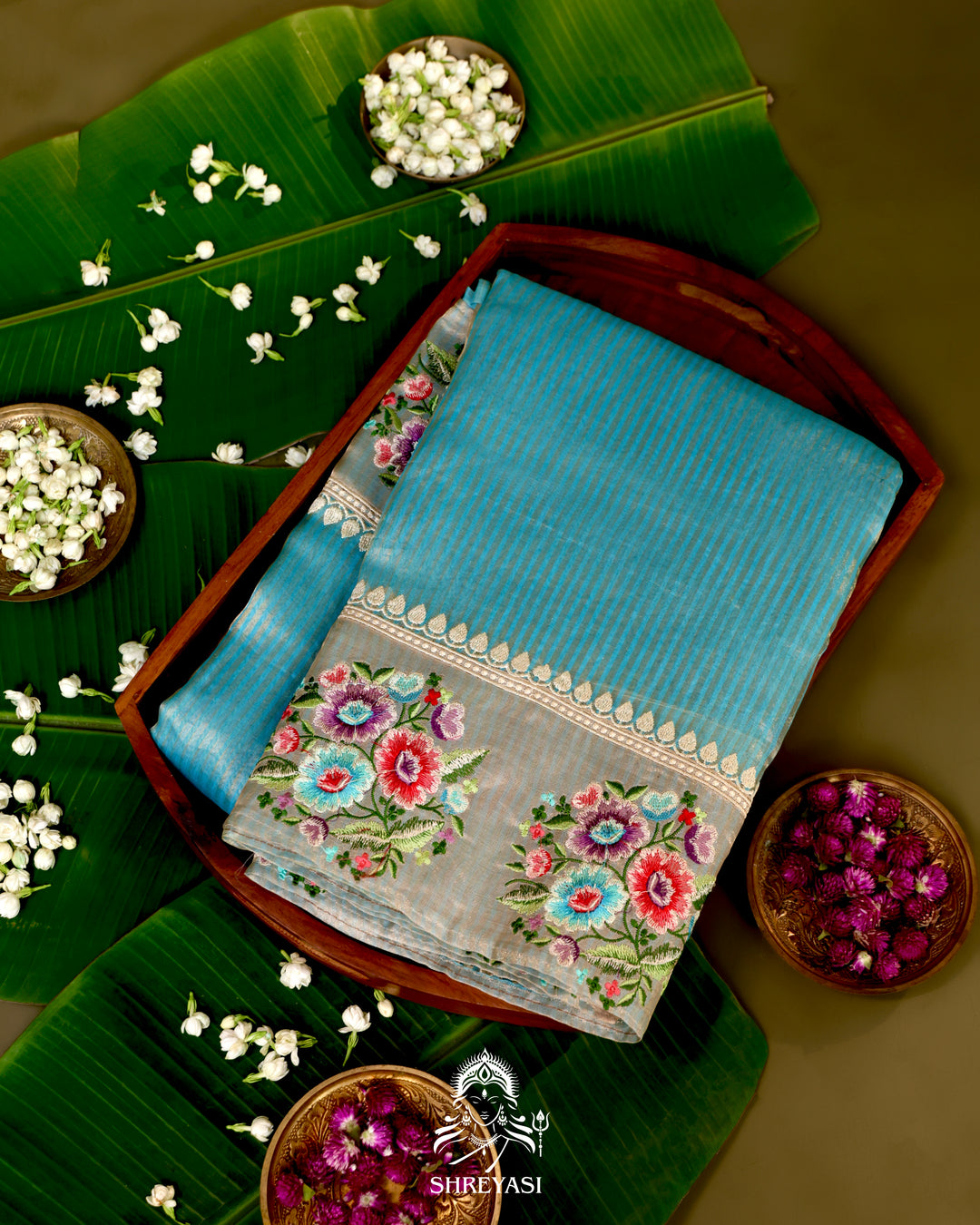Handloom Banarasi Tissue Stripe Silk Saree with Satin Stitch Floral Embroidered Borders