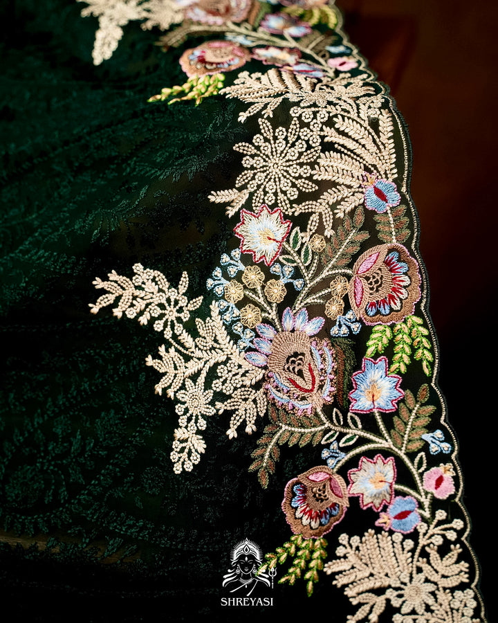 Premium Pure Georgette Chikankari Saree in Emerald Green with Embroidered Floral Borders