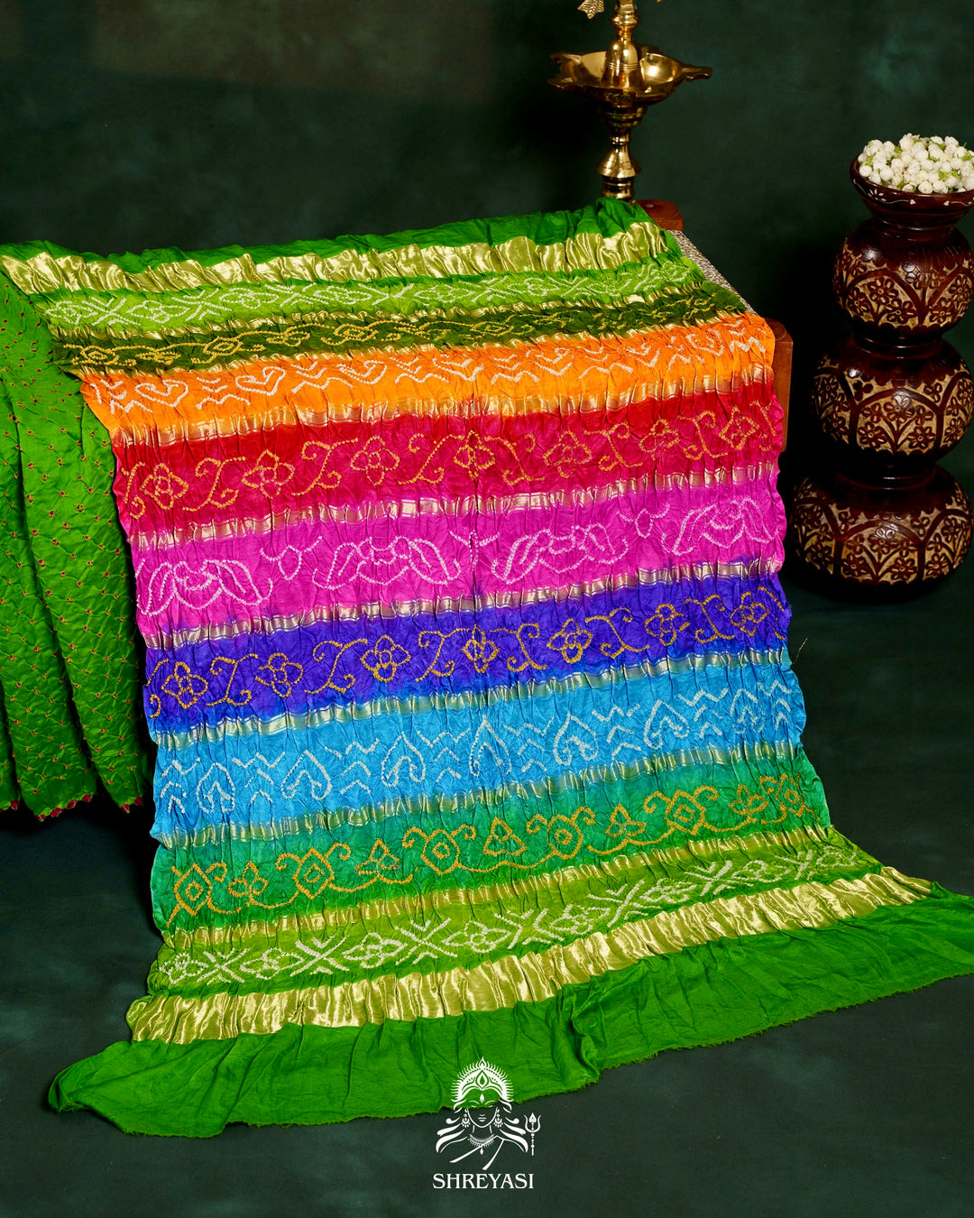 Handloom Pure Bandhani Gaji Silk Saree with Hand-Knotted Bandhej and Multicolored Bandhani Pallu