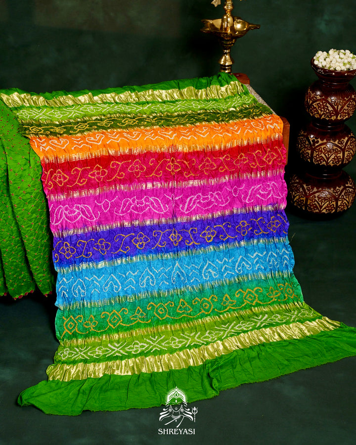 Handloom Pure Bandhani Gaji Silk Saree with Hand-Knotted Bandhej and Multicolored Bandhani Pallu