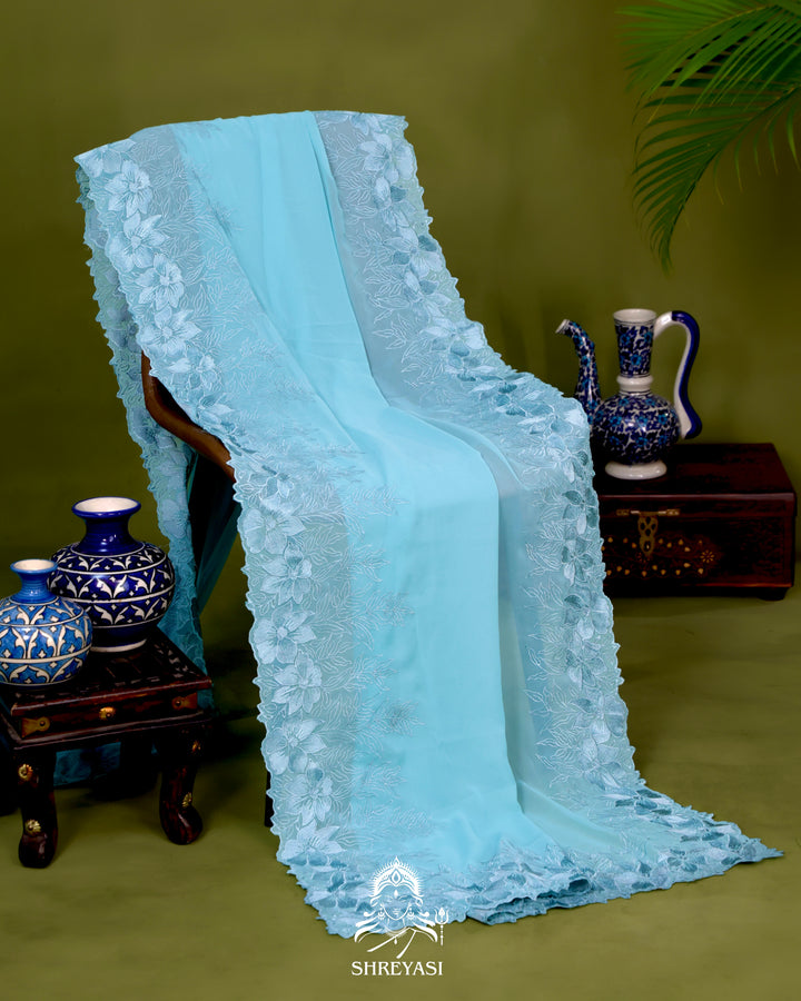 Soft Georgette Saree with Floral Thread Embroidery Border