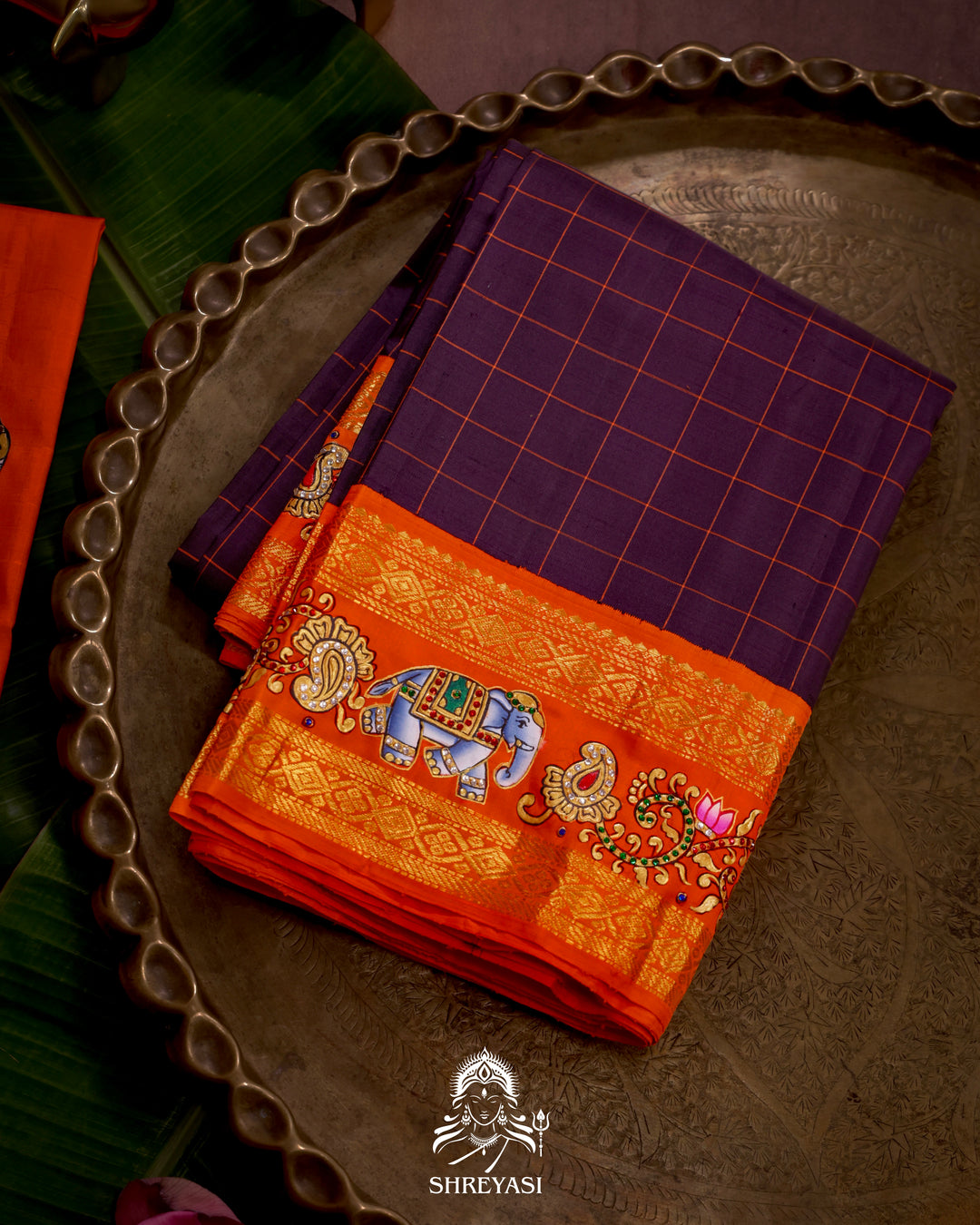 Handloom Pure Kanjivaram Silk Saree in Real Zari with Tanjore Yanai, Manga and Kamalam Artwork
