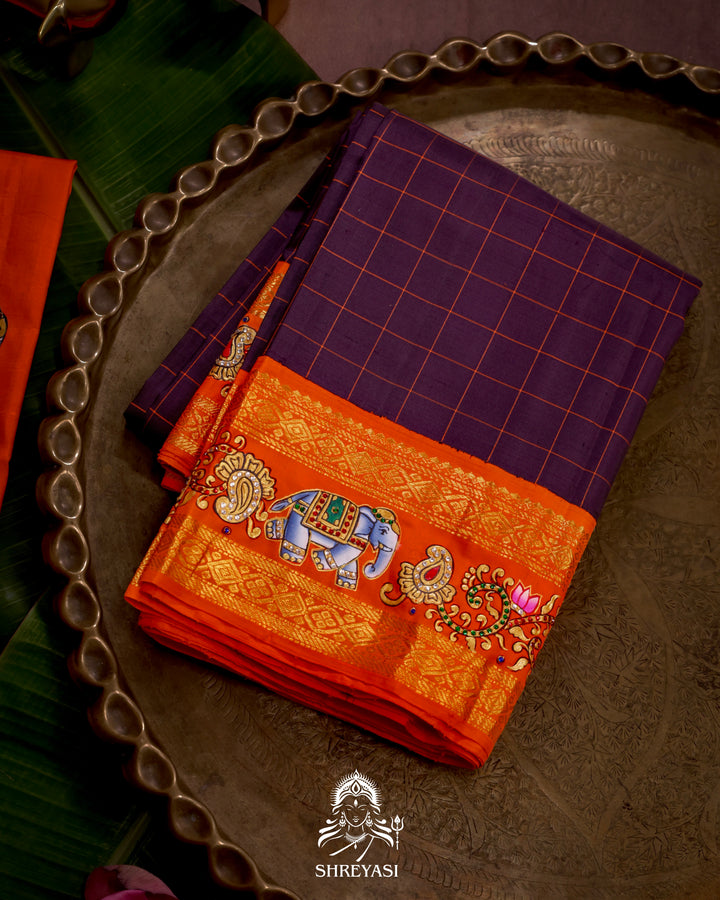 Handloom Pure Kanjivaram Silk Saree in Real Zari with Tanjore Yanai, Manga and Kamalam Artwork
