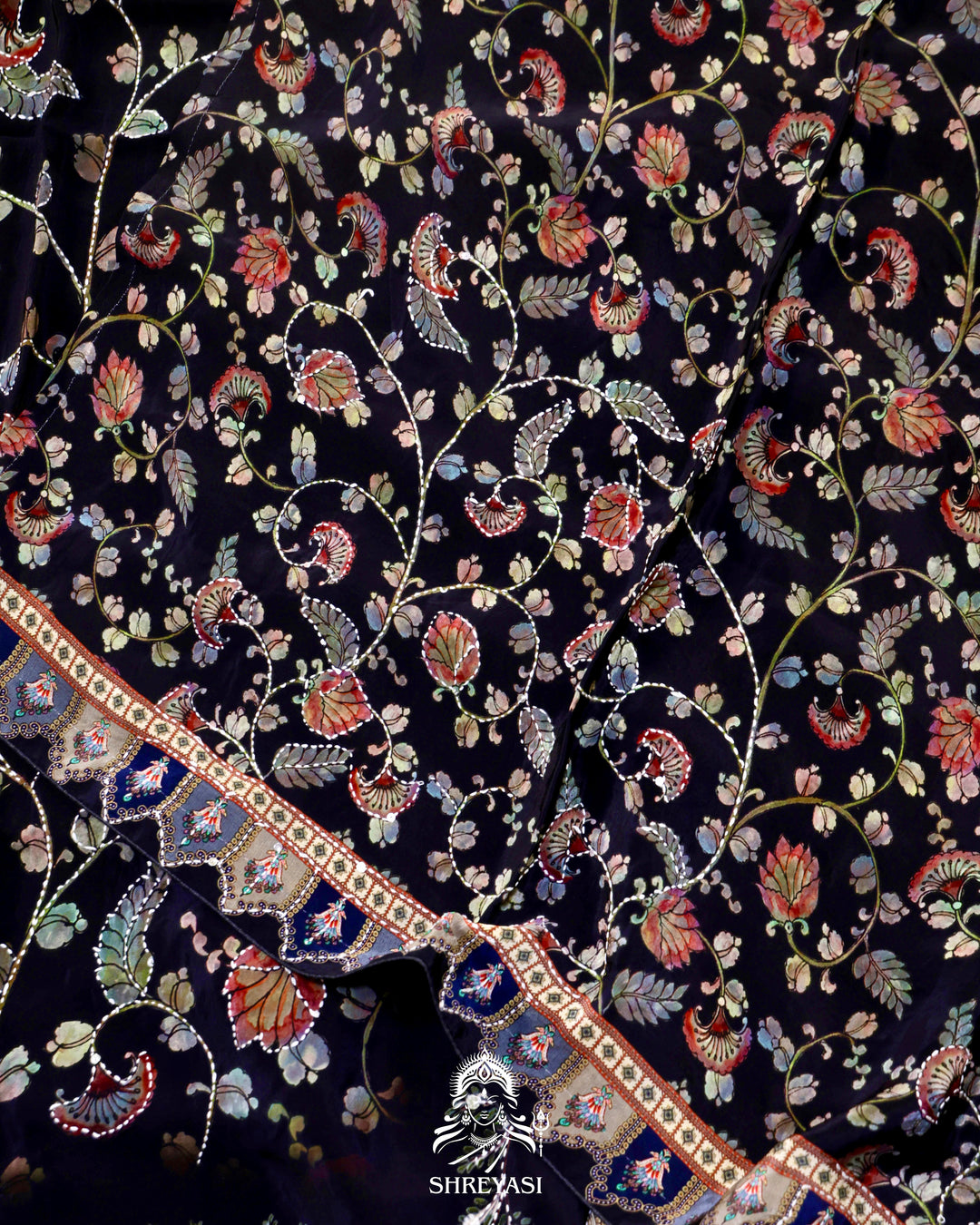Pure Crepe Silk Saree with Kantha Embroidery